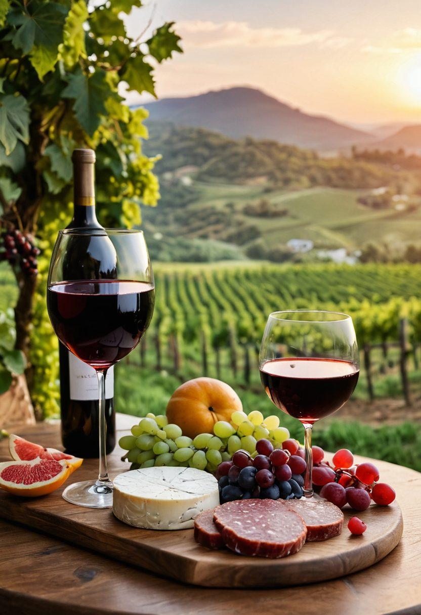A sophisticated wine glass filled with a deep red wine, set against a backdrop of lush vineyards at sunset. Include a cheese and charcuterie board elegantly placed beside the glass, adorned with fresh fruits and herbs. Add sparkling lights in the background to evoke a festive atmosphere, suggestive of a celebration. Emphasize warm, inviting colors to enhance the joyful theme of the blog. super-realistic. vibrant colors. warm lighting.