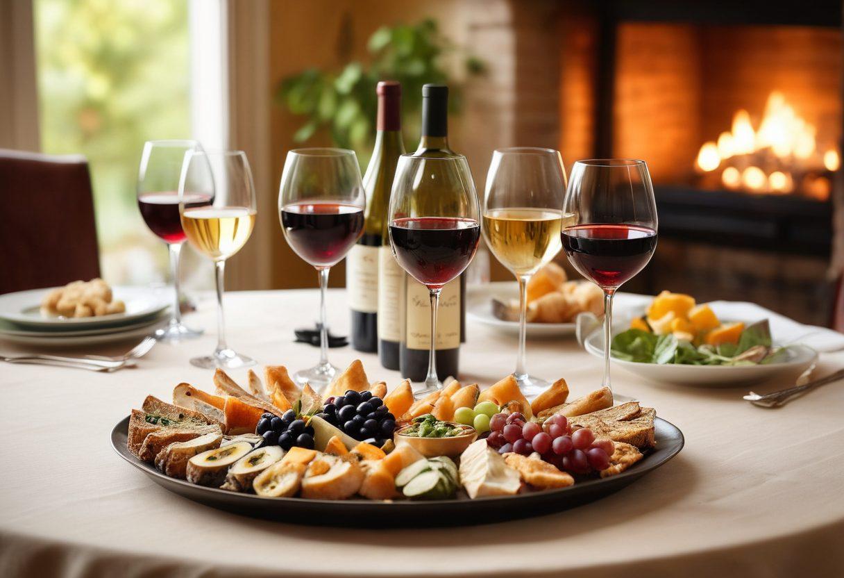 A beautifully arranged table set for a happy hour, featuring an elegant assortment of wines, crystal glasses, and gourmet appetizers. Soft, ambient lighting to create a warm atmosphere. Include a wine expert inspecting bottles and discussing selections with a group of friends, with a backdrop of vibrant decor. Warm colors, soft focus, and an inviting vibe. super-realistic. vibrant colors.