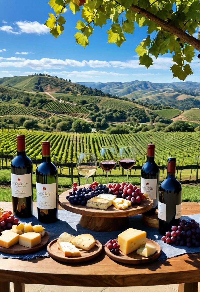 A beautifully arranged wine tasting scene featuring an elegant wooden table adorned with various wine glasses and bottles, surrounded by lush vineyards under a bright blue sky. Include wine enthusiasts clinking glasses in celebration and a backdrop of rolling hills and grapevines creatig a warm, inviting atmosphere. Add subtle details like cheese platters and wine notes scattered on the table. vibrant colors. super-realistic.